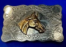 Horse Head Bust Side Profile Vintage Sand Cast Sage Nickel Silver Belt Buckle picture
