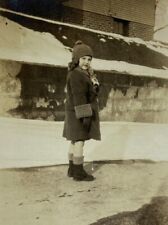 Little Girl Wearing Coat & Hat Standing On Sidewalk B&W Photograph 2.75 x 4.5 picture