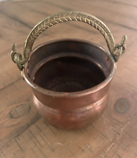 Antique hand wrought small Copper Cauldron w/brass etched handle & dovetail seam picture