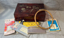 CLEARANCE-Brown Marbled Lucite Gold Embossed Sewing Notions Chest w/ contents picture