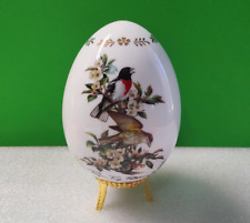Danbury Mint ROSE-BREASTED GROSBEAK Songbird Porcelain Egg on Stand 2 PC picture