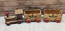 Vintage 3 Piece Wood Toy Train Christmas Printed Decor Holly 4 3/4