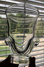 VINTAGE SIGNED STEUBEN GLASS FOOTED CLEAR VASE w SCROLL HANDLES 5-3/4