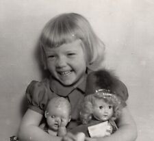Vtg Snapshot Photo Adorable Little Blonde Girl Holds Dolls Curls Majorette Hat picture