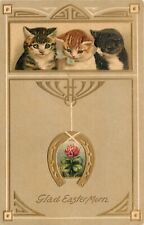 Embossed Arts & Crafts Easter Postcard Cats/ Kittens, Lucky Golden Horseshoe 170 picture