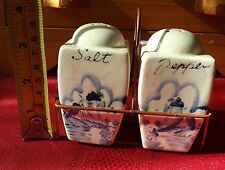 Vintage Blue and White Salt and Pepper in Copper Carrier picture