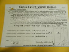 antique 1891 London & North Western Railway stock dividend document ephemera  picture
