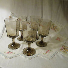 Set Of Five Libbey Facets Amber Glass or Brown Stemmed Goblets picture