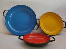 3 Vintage Huta Silesia Enamel Pans Made in Poland Blue Yellow Red Enamelware picture