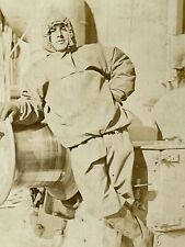 Vi Photograph RPPC Postcard Man In Boots Coat Working On Ship Boat 1920-30s  picture