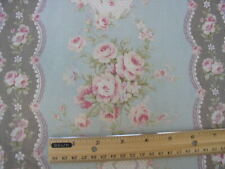 Yuwa Gorgeous Pink Roses on Aqua Cotton Moire Cartouches, Ribbons and Bows BTY picture