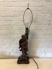 Vintage Possibly Antique Wooden Old Asian Laughing Man Figural Table Lamp picture