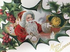 Santa Claus Holding Clock Christmas Postcard Holly Embossed picture