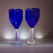 Cobalt Blue Glasses Wine Hand Blown Two Handmade Glasses Clear Stems picture