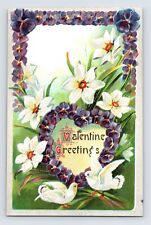 Postcard Valentine's Day White Dove Purple Pansy Wreath 1910s Unposted Divided picture