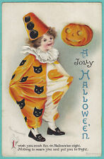 Vtg Clapsaddle Halloween Child Clown Pierrot Black Cat Faces JOLs A/S Emb PC picture
