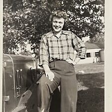 Vintage B&W Snapshot Photograph Beautiful Young Strong Woman On Car Ruthie WW2 picture