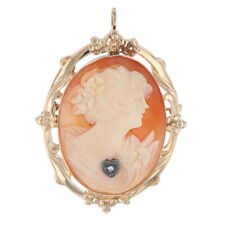 Yellow Gold Carved Shell Cameo Diamond Vintage En Habille Brooch/Pendant 10k Pin picture