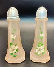 VTG Frosted Pink Hand Painted Rose Depression Glass Mayair Salt & Pepper Shakers picture