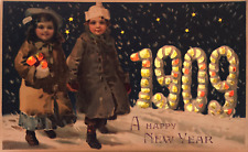 Vtg HOLD-TO-LIGHT 1909 New Year Girls Snow Numbers Stars Light Up HTL Antique PC picture
