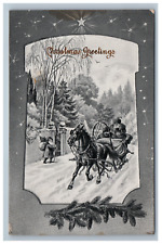Early  B&W Gel Christmas Greeting Postcard Santa Walking Horse Carriage Germany picture