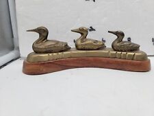 Vintage  Brass Ducks Mounted on Wooden Base, 7”L X 2.25”T picture