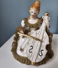 Vintage Occupied Japan Dresden Lace Style Figurine Woman Playing Bass picture