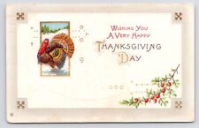 c1900s~Thanksgiving Day Turkey & Cranberries Greeting~Antique VTG Postcard picture