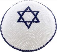 White Knitted Jewish Kippah with Dark Blue Star of Magen David picture