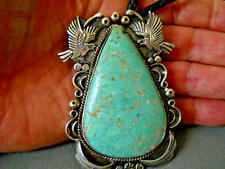 OLD Huge Native American Navajo Green Turquoise Sterling Silver Eagle Bolo Tie picture