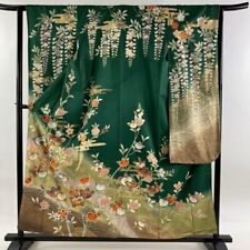 Woman Japanese Kimono Furisode Silk Tachibana Cherry Blossom Gold Foil Green picture