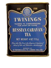Vintage Twinings London England Russian Caravan Tea Tin 4 Oz Blue Gold  picture