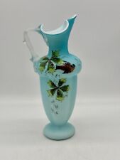 Victorian Satin Glass Ewer Pitcher App. Thorn Handle Hand Painted Floral Bird picture