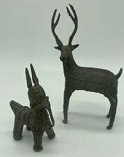 Lot Of Two Antique Brass Tribal Animals Deer & Horse Donkey Intricate Figurines picture