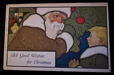 Art Deco~Brown Robe SANTA CLAUS~ with Child Antique~Christmas Postcard~German~ picture