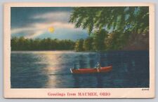 postcard Maumee Ohio Greetings From, River Canoe Night Scene Moonlit Toledo picture