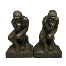 Vtg Heavy Pair Antiqued Ceramic Rodin’s The Thinker Thinking Man Bookends Rustic picture