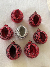 Vtg Bradford Plastic Christmas Tree Ornament Filigree Indent RED SILVER Lot of 7 picture
