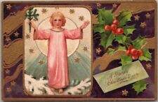 Vintage 1909 CHRISTMAS Embossed Postcard Angel in Pink Gown / Holly - Zimmerman picture