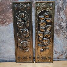 VTG MCM Brass Tin Gold Embossed Floral Roses & Mums Wall Hanging Set of 2 picture