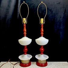 Vintage Unique Pair Hobnail Milk Glass Wood Fiberglass Lamps Nightlight 3way 28” picture