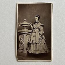 Antique CDV Photograph Beautiful Young Woman Ribbon Ruffle Dress Trophy Vase picture