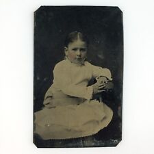 Small Posing Chair Girl Tintype c1870 Antique 1/6 Plate Tinted Child Photo A3603 picture