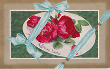 Vintage A Joyous Easter 1911 Postcard Big Bright Red Roses Blue Ribbons picture