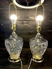 Pair Clear Etched Crystal Table Lamps Gold Tone Metal Base Set 23” Tall* Set 2 picture