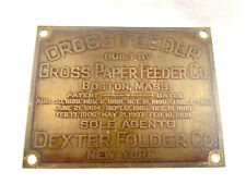 Antique - Cross Feeder Paper Feeder Co. Boston MA - Brass Plaque Badge Plate picture