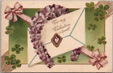 1910 VALENTINE'S DAY Embossed Postcard Love Letter / Violet Flower Horseshoe picture