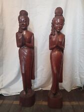 Vintage Sawasdee Welcome Statues Teak Wood Carved Thai Figure  picture
