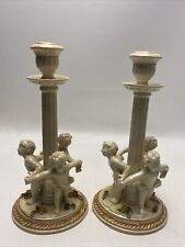 Antique Pair Ornate Porcelain Candle Holders Figurine Cherubs Encircled W/Roses picture
