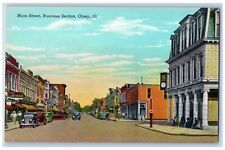 Olney Illinois IL Postcard Main Street Business Section Drugs Bank Cars c1930's picture